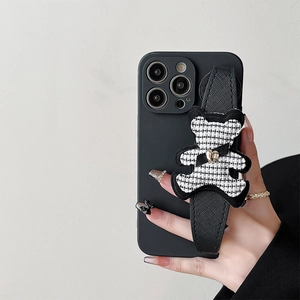 Phone Case With Wristband Strap Dimensional Plaid Fabric Bear Golden Heart Protective TPU Soft Cover Cute Fashion Luxury