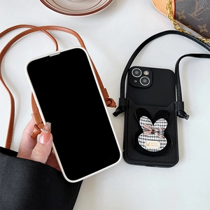 IPhone crossbody silicone case with cartoon rabbit wallet and leather shoulder strap