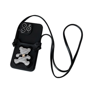 Black iPhone case with crossbody strap and 3D houndstooth bear with golden heart