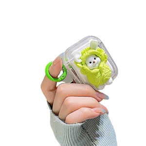 Cartoon bunny in cabbage case for AirPods with matching green ring clip keychain