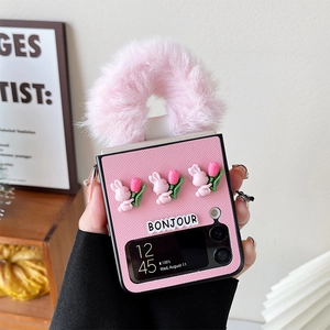 Custodia Samsung Galaxy Z Flip rosa con manico in peluche e decorazioni 3D di conigli