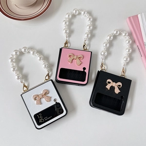 Foldable Phone Case For Samsung Galaxy Z Flip Cross Grain Leather Artificial Pearl Bow Rhinestone Luxury Handheld Artificial Pearl Chain Strap