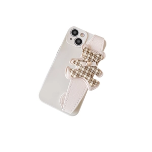 White wrist strap phone case for iPhone with a plaid bear and golden heart decoration