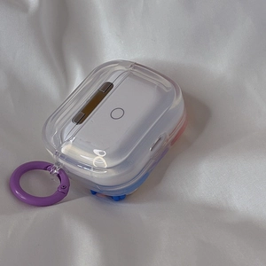 Clear protective case for AirPods Pro with purple carabiner and blue accents