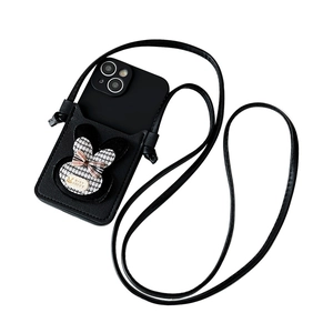 Crossbody iPhone case in black leather with houndstooth bunny charm and long strap