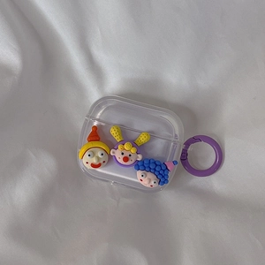 Detailed view of clear AirPods case with cute 3D clown dolls and a purple carabiner