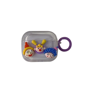 Cute cartoon character AirPods case with 3D funny heads and purple ring hook attachment