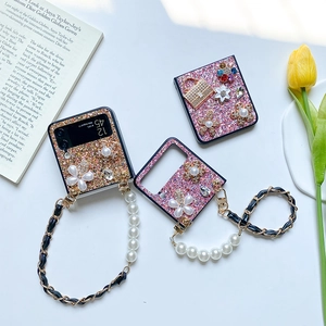 Sparkly floral phone case for Samsung Z Flip 6 with pearl chain and rhinestone charms