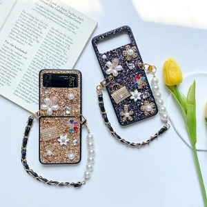 Luxury Glitter Folding Phone Case 3D Artificial Pearl Flower Rhinestone Bag Decor With Artificial Pearl Metal Chain Strap Crossbody For Women