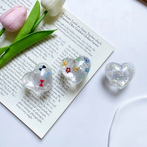 Heart Shaped Phone Stand Transparent Resin Griptok With Glitter Flowers Bows Cute INS Style Telescopic Grip Holder
