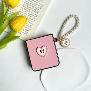 Pink Saffiano leather phone case for Samsung Z Flip with pearl heart and golden bow