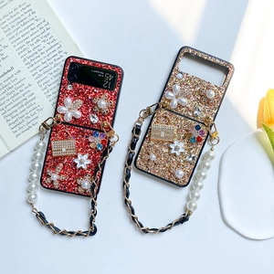 Sparkly sequins Z Flip 6 phone case with pearl flower, rhinestones and crossbody chain