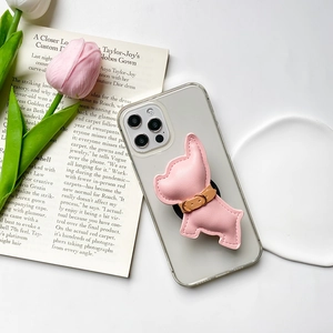 Pink French Bulldog folding cell phone grip holder on transparent case with tulips