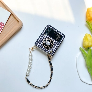 Houndstooth phone case for Samsung Z Flip with pearl chain and camellia flower detail