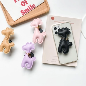 Quilted leather cartoon animal phone grip stands in four colors with metal chain pendants