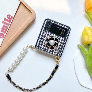 Houndstooth Samsung Z Flip case with camellia flower and pearl crossbody chain strap