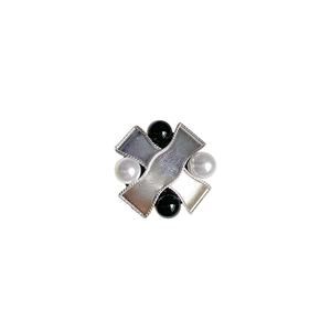Minimalist X-shaped phone grip with silver cross metal, white pearls and black beads
