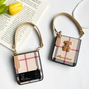 Foldable Phone Case With Quilted Bear And Plaid Pattern Leather Handle Wrist Strap Chic Protective Cover