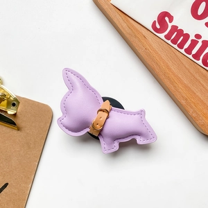 Lavender dog-shaped collapsible phone socket with a stylish leather neck strap detail