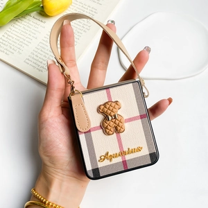 Classic plaid phone case for Samsung Z Flip series with bear charm and hand strap