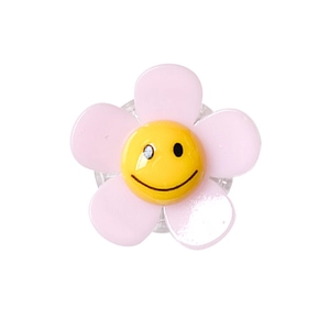 Pink resin flower phone socket with a yellow smiley face on a clean white background