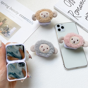 Cute plush sheep phone socket holder with mirror function for desk stand use