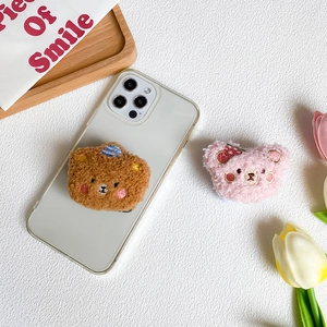 Cute plush bear phone grip and clear case set with brown and pink teddy bear holders