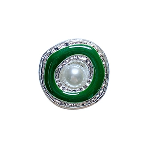 Creative silver plated metal phone grip stand with large pearl and green enamel detail