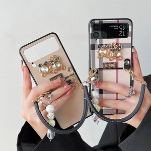 Luxury pearl chain phone case for Samsung Z Flip 4 with diamond bear and glitter strap