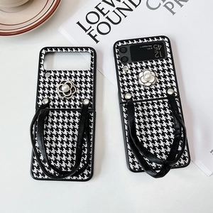 Houndstooth phone case for Samsung Galaxy Z Flip with pearl camellia and leather strap