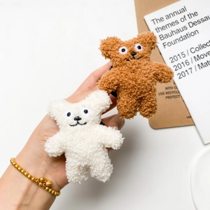 Cute plush bear phone grip stand in white and brown curly fur with bead chain strap