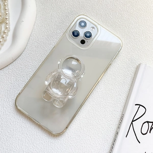 Detail view of transparent iPhone case with 3D astronaut stand and soft TPU material