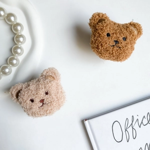 Cute plush bear collapsible phone grip in dark brown and beige with embroidery