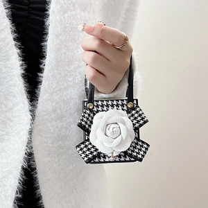 Luxe houndstooth ZFlip4 folding case with white camellia flower and elegant handle