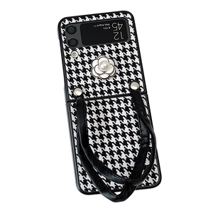Houndstooth Samsung Z Flip case with camellia flower and pearl leather wrist strap