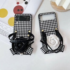 Luxe houndstooth pattern phone case for Samsung Z Flip with 3D camellia and hand strap