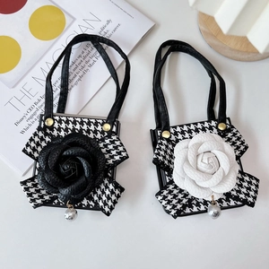 Houndstooth phone case for Z Flip 4 with large camellia flower and pearl strap
