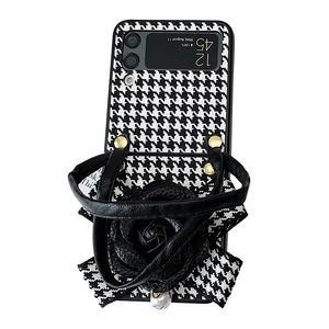 French style houndstooth phone case with leather rose for Samsung Galaxy Z Flip