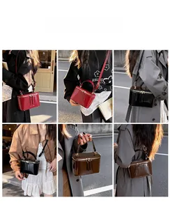 Detailed views of various colors of glossy patent leather mini box bags on a model