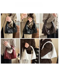 Detail shots of glossy patent leather hobo bags in black, burgundy, white and brown colors