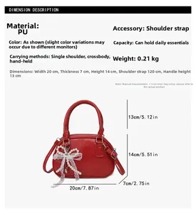 Detailed size chart for the red PU leather bowling handbag showing full dimensions