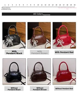 Size comparison and color options for vintage leather bowling bags with pearl bow charms