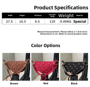 Tableau des tailles et comparaison de trois couleurs pour sacs bandoulière punk à rivets