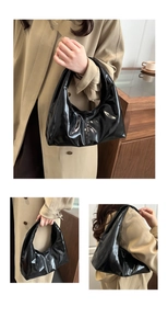 Three-view detail of a glossy black patent leather shoulder bag with a sleek minimalist design