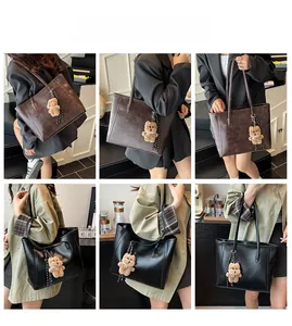 Detailed views of large capacity PU leather tote bag in black and brown with bear charm