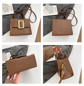 Detailed views of a brown PU leather crossbody bag featuring a golden square buckle accent