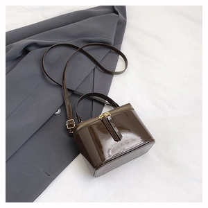 Detailed view of deep brown glossy patent leather mini bag with gold-tone dual zippers