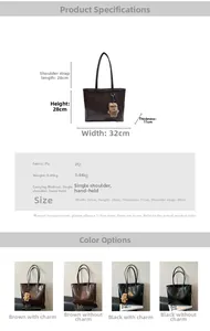 Detailed size chart and multi-color display of large PU leather tote bag with shoulder straps