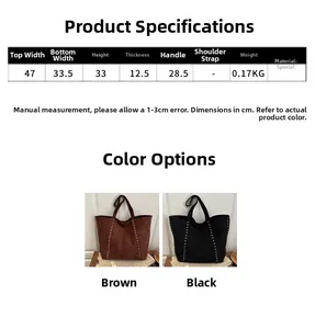 Size chart showing dimensions for the large vintage rivet tote bag with handle measurements