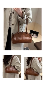Detail showing the glossy brown synthetic leather finish and reinforced shoulder straps